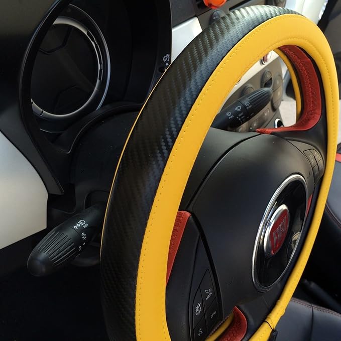 Jdragon Yellow & Carbon Fiber Style PVC Leather Slip-On Steering Wheel Cover 14.25-15" Diameter
