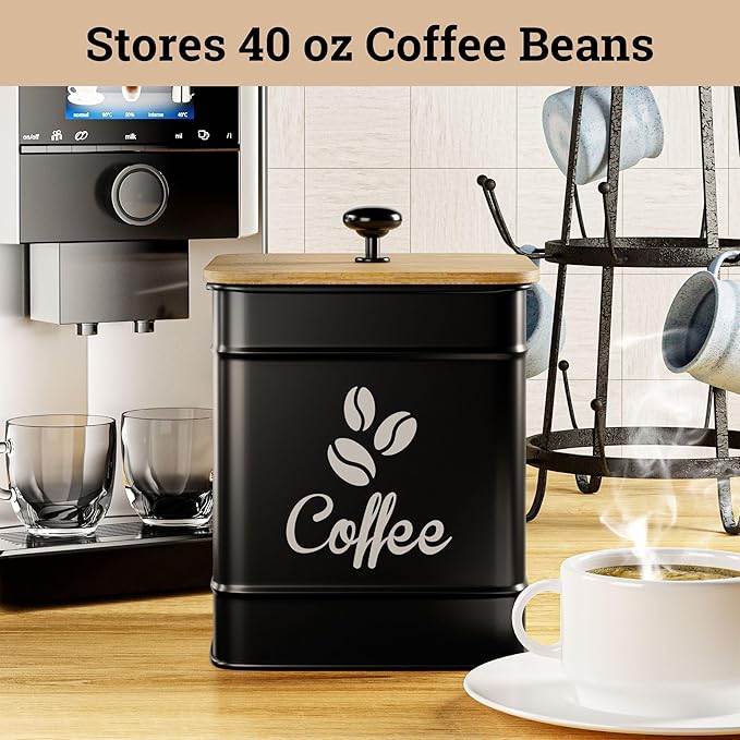Airtight Coffee Canister - 40 oz Large Iron Black Coffee Container Airtight - 6 x 8 inch Metal Jar - Stylish Countertop Container for Coffee Grounds, Beans, Pods & More with Rubber-Lined Bamboo Lid