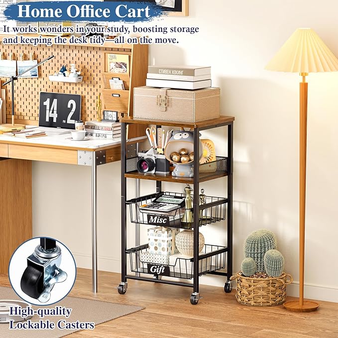 4 Tier Rolling Cart with Drawer Baskets, Metal Utility Storage Cart with Wheels and Wood Top for Living Room, Kitchen, Home Office, Bedroom, Pantry, Baby Essential, Makeup, Snack, Craft, Black
