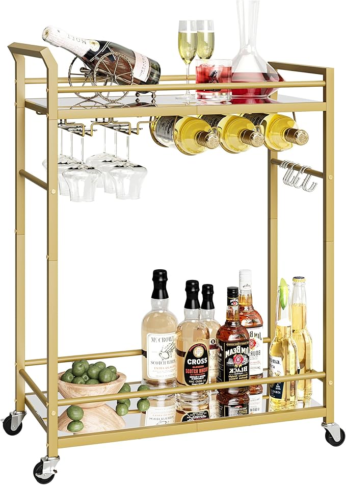 3 Tier Bar Cart, Small Beverage Cart, Mini Bar Cart with Wine Rack, Home Bar Serving Cart with Wheels for Kitchen Dining Living Room (Gold, Mirrored)