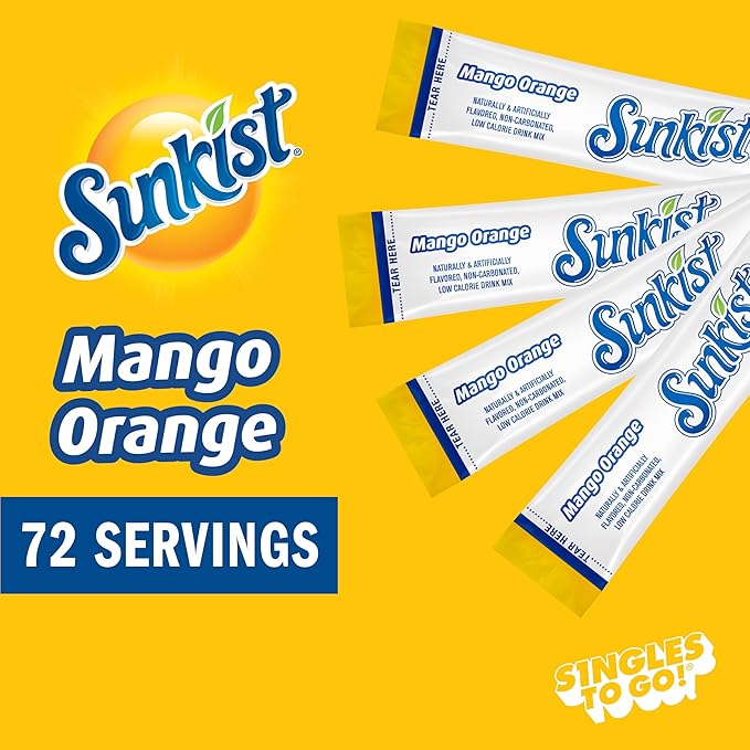 Sunkist Soda Mango Orange Singles To Go Drink Mix, 12 Boxes with 6 Packets Each - 72 Total Servings