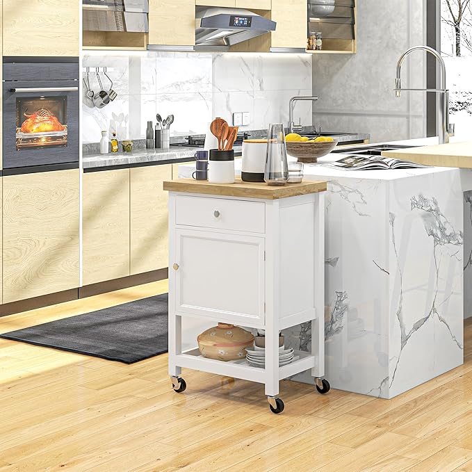 HOMCOM Utility Kitchen Cart, Rolling Kitchen Island with Smooth Rubberwood Top, Narrow Butcher Block Surface on Wheels with Storage Drawer & Cabinet, White