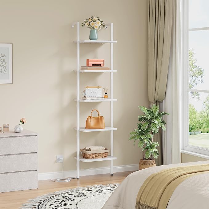 Tajsoon 5 Tier Ladder Bookshelf with Light, Wall Mounted Book Shelf, Wooden Wall Mounted Ladder Bookshelf with Metal Frame, Industrial Ladder Shelf for Office, Living Room, Bedroom, White