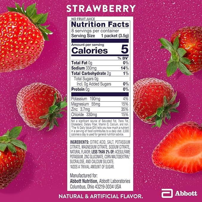 Pedialyte Electrolyte Drink Mix With Zero Sugar | Hydration With Key Electrolytes | Great Hydration Low in Calories | Strawberry, 24 Powder Packets