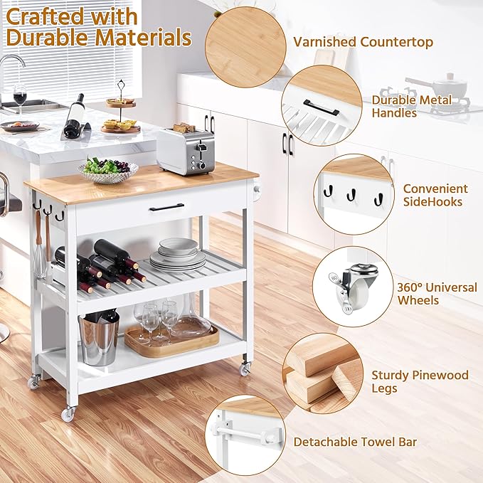 Yaheetech Kitchen Island Cart on Wheels with Bamboo Tabletop, 3-Tier Rolling Kitchen Island Microwave Cart with Drawer, Detachable Towel, 3 Hooks, 17" D x 37.5" W, White