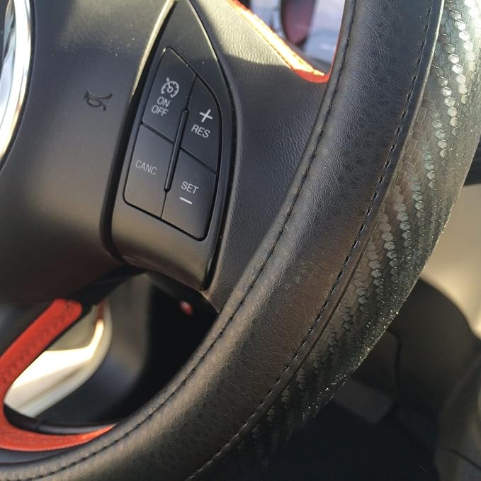 Jdragon Black & Carbon Fiber Style PVC Leather Slip-On Steering Wheel Cover 14.25-15" Diameter