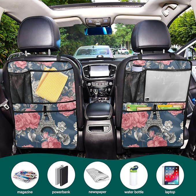 2 Pack Back Seat Car Organizer with Storage Pockets Kick Mats Back Seat Protector Hanging Car Organizer Automotive Seat Back Cover Organizers Blue French Eiffel Tower and Roses