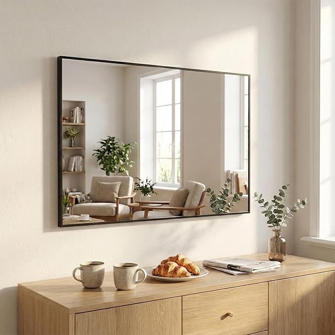 48''x36'' Extra Large Black Bathroom Mirror, Metal Framed Vanity Mirror for Wall, Wide 36x48 Rectangular Mirror Over Sink, Industrial Decor, Flush Mount