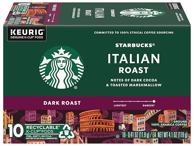 Starbucks Coffee K-Cup Pods, Italian Roast Coffee, Dark Roast, 100% Ground Arabica Coffee, Keurig Genuine K-Cup Pods, 10 CT K-Cups Per Box (Pack of 2 Boxes)