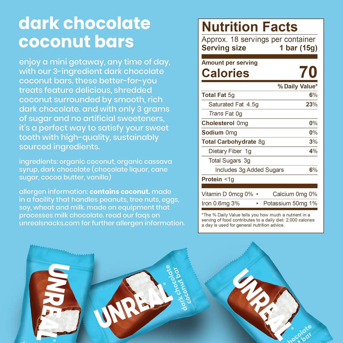 unreal dark chocolate coconut bars value size non-gmo gluten free fair trade bag 9.5oz