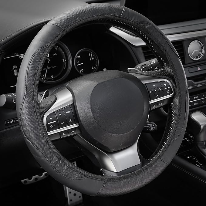Amiss Car Steering Wheel Cover, 14.5"-15" Comfortable Anti-Slip Safety Protection Design, Microfiber PU Leather Steering Wheel Cover, Universal Fit for 95% Cars, Car Interior Accessories (Black)