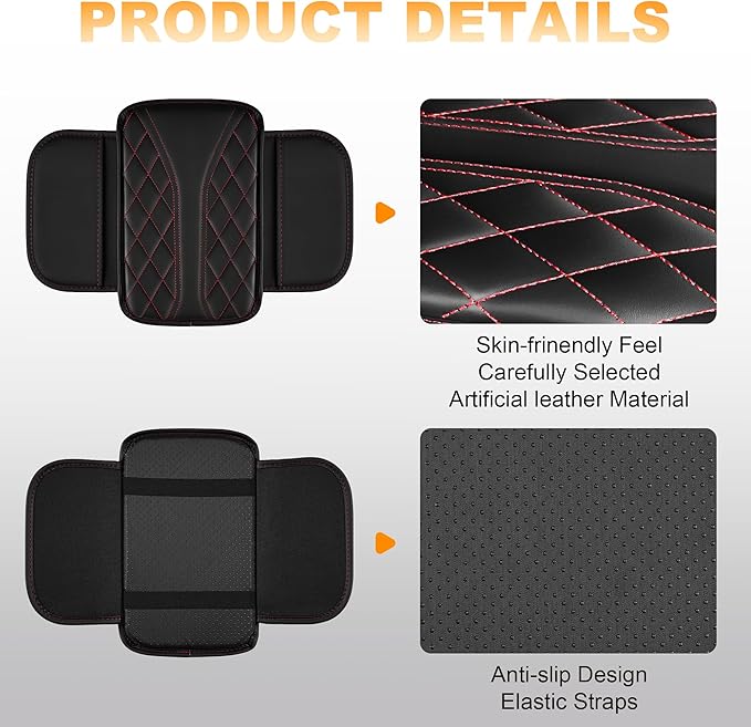 Car Center Console Cover Fit for Jeep Gladiator - Leather Armrest Covers with 2 Storage Pockets(Black&Red)