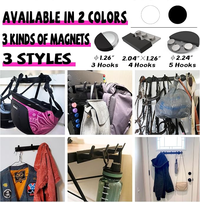 ULIBERMAGNET Magnetic Hooks,Heavy Duty Coat Magnetic Rack,Strong Rubber Magnetic Hanger for Refrigerator,Metal Cabinet,Hanging Coat, Towel, Bag, Backpack(White/4 Hooks)