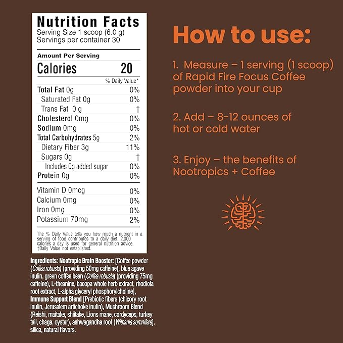 Focus Coffee Mushroom Blend, Nootropic Complex Coffee, Supports Alertness and Clarity, (Lion’s Mane, Cordyceps, Turkey Tail) Green Coffee Bean Instant Coffee for Focus & Gut Health, 30 Servings