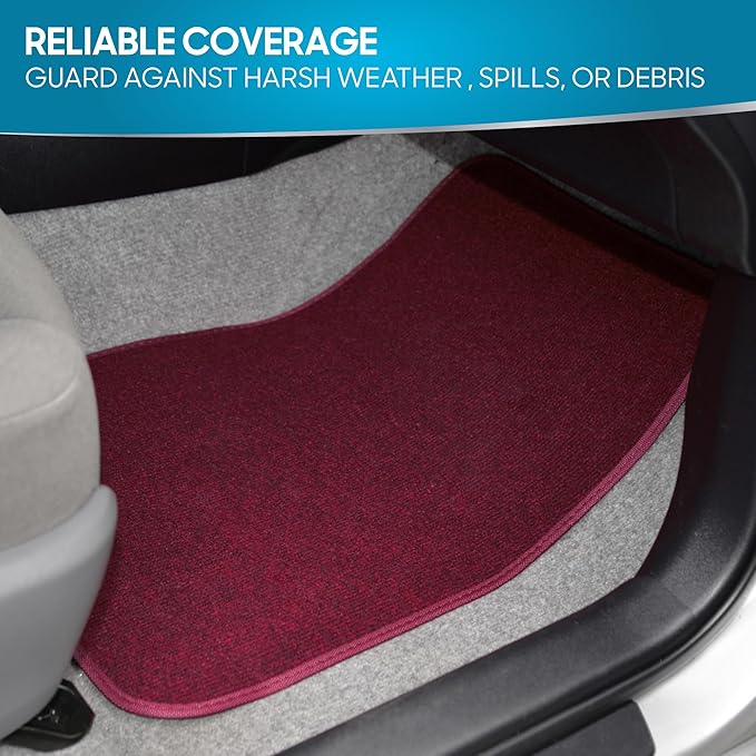 BDK Premium Burgundy Carpet Floor Mats for Cars - Universal Fit Interior 4-Piece Car Mats Full Set with Vinyl Heel Pad Protector - Cute Car Accessories Interior Floor Covers for SUVs & Trucks