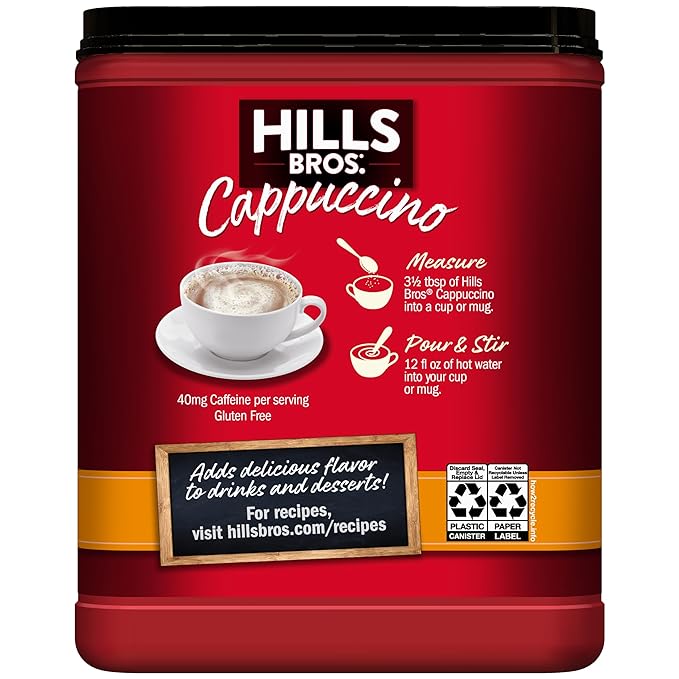 Hills Bros. Cappuccino Mix – Rich, Frothy Coffeehouse-Tasting Instant Drink Mix – Quick and Easy Preparation – Perfect for Hot & Iced Drinks & Creaming Coffee – White Chocolate Caramel, 1 Pack of 16oz