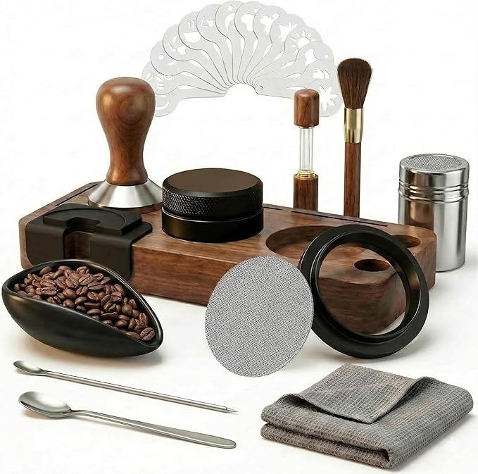 28PCS Espresso Accessories Kit, 51mm Espresso Tamper Tools, Espresso Machine Accessories Set with Wood Station, Distributor, WDT Tool, Puck Screen, Dosing Funnel, Powder Shaker, Latte Pen & Stencils