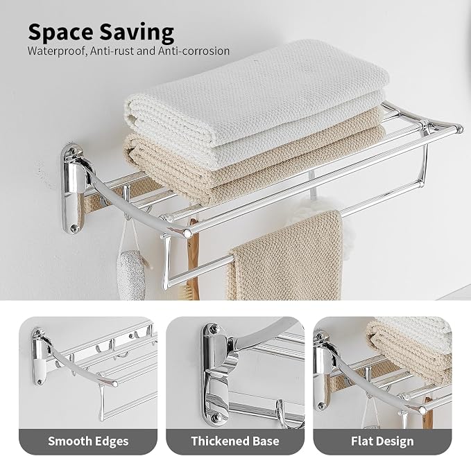 BESy 24 Inch Polished Chrome Towel Racks, Bathroom Towel Shelf with Foldable Towel Bar Holder and Towel Hooks, Wall Mounted Multifunctional Bathroom Accessories, Double Towel Bars