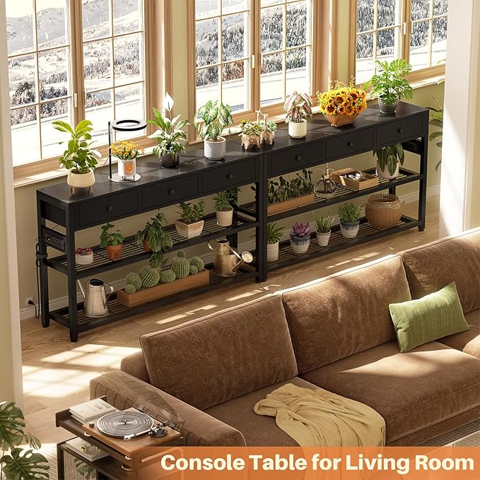 Ecopriso 47'' Entryway Table with Outlets and USB Ports, Console Table with 3 Drawers, Sofa Table Narrow Long with Storage Shelves for Living Room, Couch, Hallway, Foyer, Kitchen Counter, Black