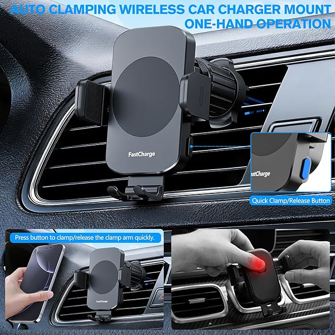 2026【80+LBS Safest Strongest】 Upgrade Car Phone Holder Mount, 360° Rotation Wireless Car Charger with Metal Hook Clip & Strongest Suction for Dashboard Windshield Vent for iPhone 17 16 Samsung