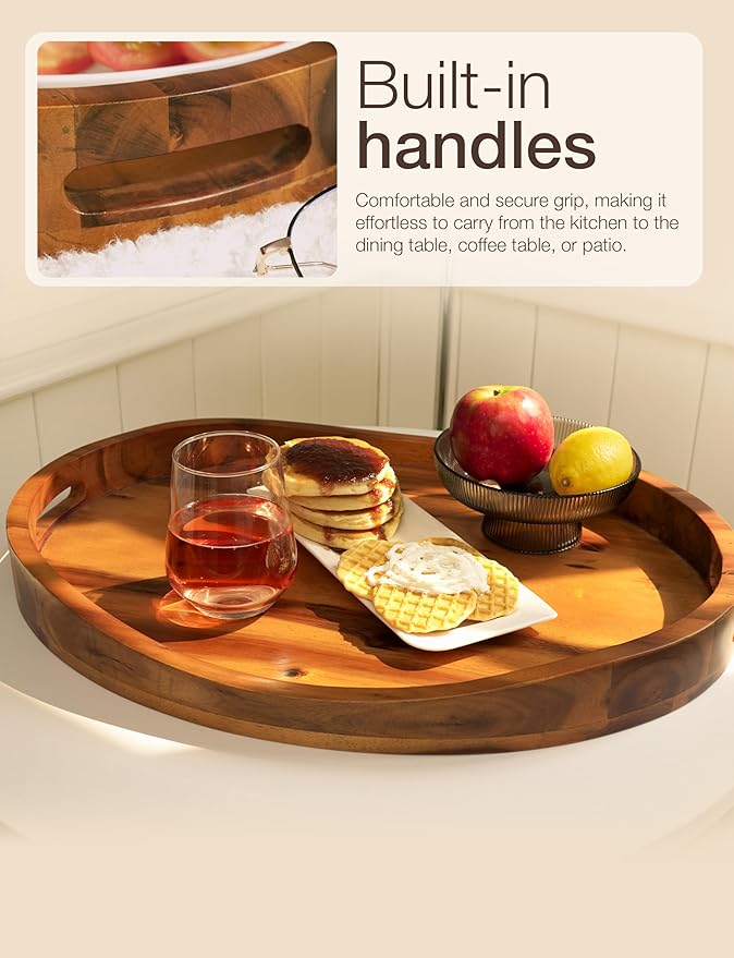 Acacia Oval Wooden Serving Tray with Handless - 16.5" x 13" Ottoman Table Oval Wooden Tray - Round Serving Tray - Ottoman Tray for Living Room, Coffee Table Decor, Serving Platter (Acacia)