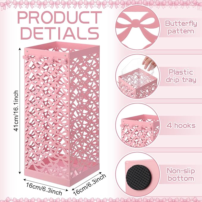 Hicarer Pink Bow Umbrella Stand Metal Umbrella Holder with Removable Drip Tray & 4 Hooks for Entryway Cute Coquette Square Freestanding Walking Sticks Storage Bin for Home Hallway, 16 x 6.3 x 6.3 Inch