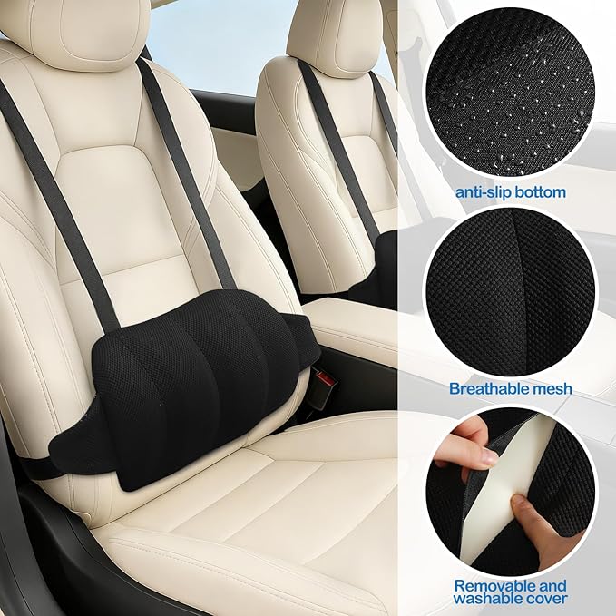 2 Pcs Lumbar Support Pillow for Car Memory Foam for Low Back Pain Relief Adjustable Straps Back Support Pillow for Driving, Office Chair, Wheelchair,SUV, Truck, RV