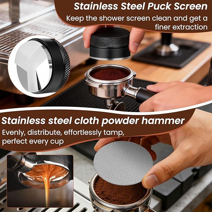 9 Pack Espresso Tamper Station&Coffee Distributor Tamper&Espresso WDT Stirrer&Coffee Tamping&Brush&Coffee Dosing Funnel&Espresso Puck Screen, Latte Art pen and Towel (54 mm)