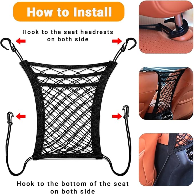 3-Layer Car Organizer with 2pockets-Black Mesh Car Seat,dog pets and baby Net Barrier,Purse Holder| Tissue Holder |Storage Bag for Car