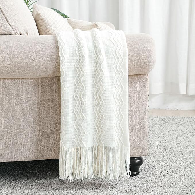 BOURINA Off White Throw Blanket 50 x90 Inches Throw Textured Solid Soft Sofa Throw Bed Runner Couch Cover Knitted Decorative Blanket Bed Runner