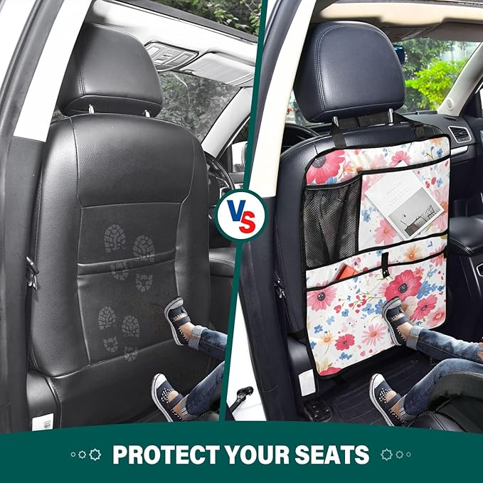 JIPONI Car Backseat Organizer, Color Red Flower Automotive Back Seat Protector, Kick Mats with Storage Pockets for Kids Pets, Road Trip Accessories (2 Pack)