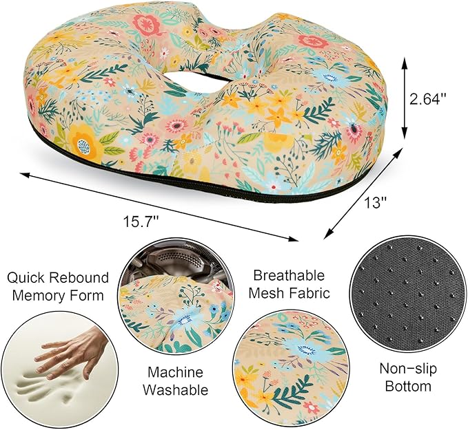 Floral Donut Pillow for Hemorrhoids Seat Cushion for Tailbone Pain Relief - Flower Home Office Chair Cushion for Long Sitting Work - Memory Foam Car Seat Cushions for Driving Butt Pain Pressure Relief