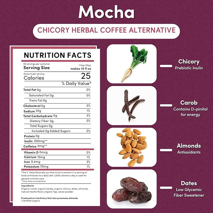 Teeccino Mocha Chicory Coffee Alternative, 1.1 Pound - Ground Herbal Coffee That’s Prebiotic, Caffeine-Free & Acid Free, Medium Roast