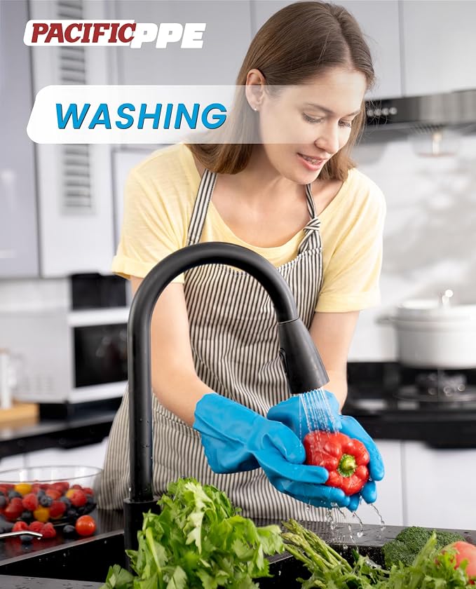 PACIFIC PPE 2 Pairs Reusable Dishwashing Cleaning Gloves with Latex Free, Cotton Lining, Kitchen Gloves, Blue, Small