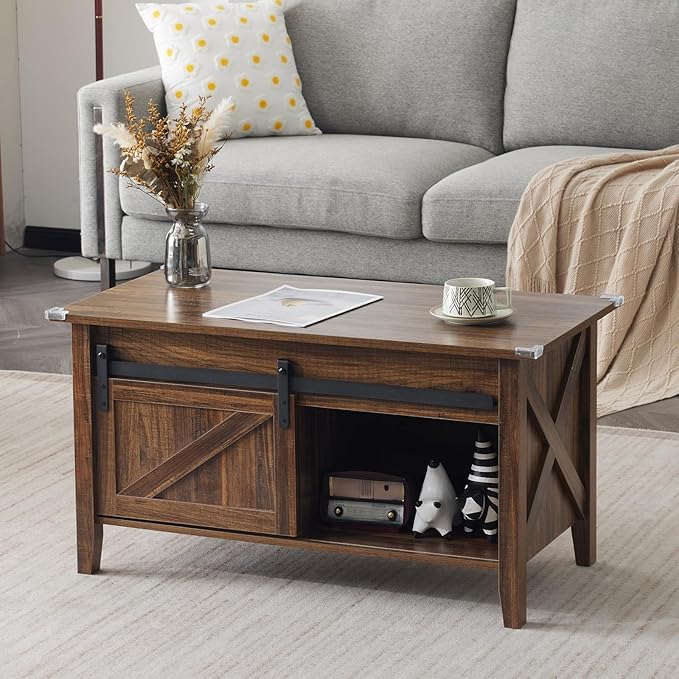 VINGLI Farmhouse Lift Top Coffee Table, Rustic Grey with Storage Shelf/Hidden Compartment, Mesa De Centro para Sala, Rustic Brown (Espresso, 36" L)