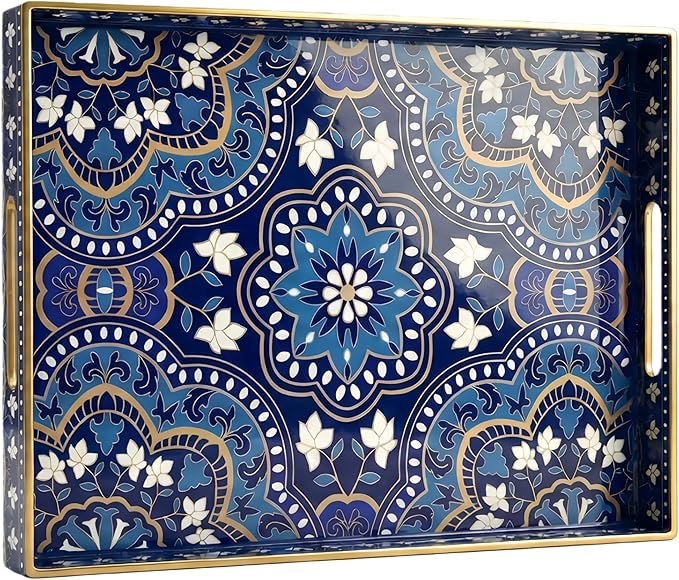 Zosenley Decorative Serving Tray with Handles - 15.7" x 11.8" Blue Mandala Pattern Rectangular Plastic Platter - Boho Coffee Table Tray for Ottoman, Breakfast in Bed & Living Room Decor