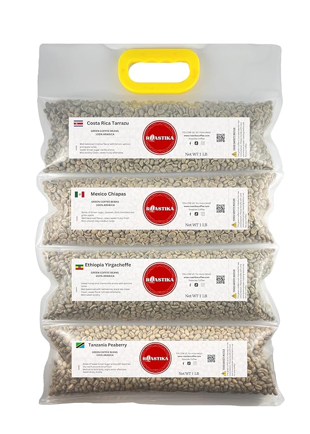 Roastika - Unroasted Coffee Bean - 4lb (pack of 4) - Sampler Pack - Bundle 2A (COSTA RICA TARRAZU/MEXICO CHIAPAS HG EP/ETHIOPIA YIRGACHEFFE/TANZANIA PEABERRY KILIMANJARO) Green Coffee Bean