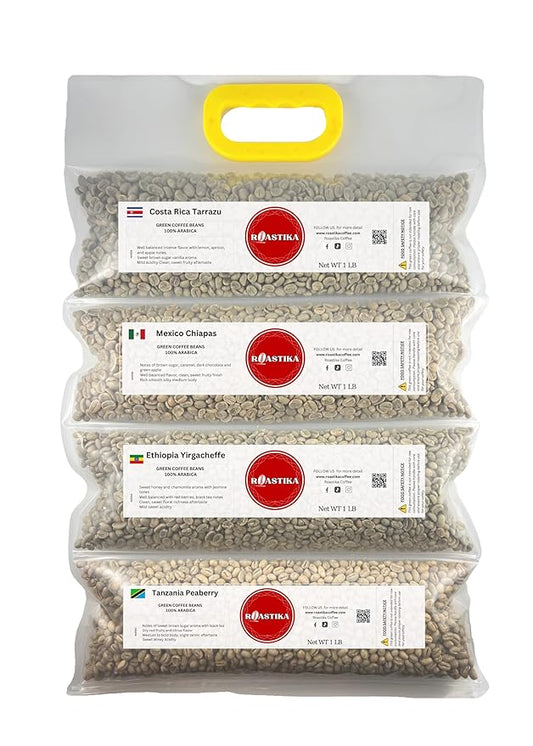 Roastika - Unroasted Coffee Bean - 4lb (pack of 4) - Sampler Pack - Bundle 2A (COSTA RICA TARRAZU/MEXICO CHIAPAS HG EP/ETHIOPIA YIRGACHEFFE/TANZANIA PEABERRY KILIMANJARO) Green Coffee Bean
