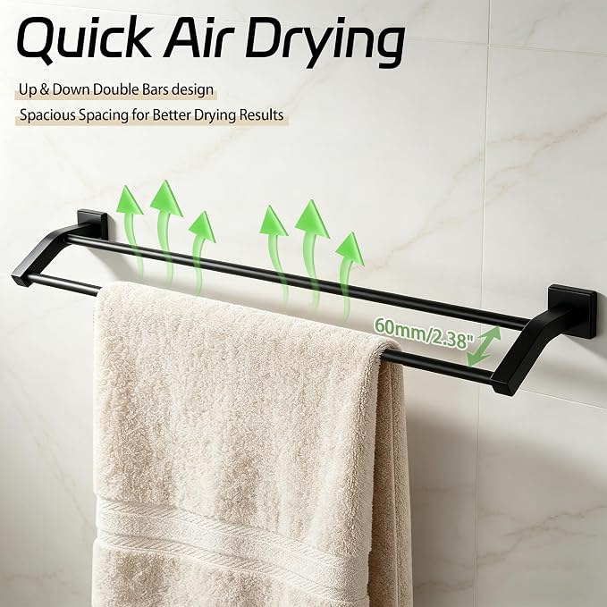 Alise Double Towel Bar, 24 Inch Towel Rack for Bathroom Wall Mounted, SUS304 Stainless Steel Bathroom Towel Holder Joining Process Towel Rail for Bathroom,Matte Black