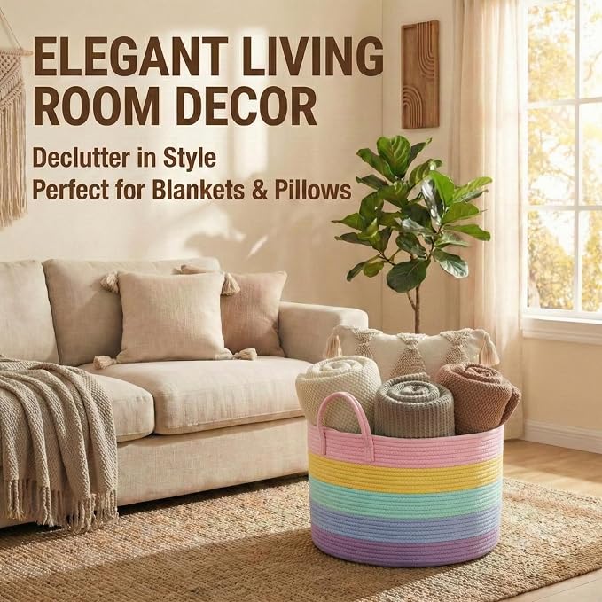 JMvicyroam 115L Extra Large Blanket Basket for Living Room - Woven Cotton Rope Laundry Hamper with Reinforced Handles - Storage Bin for Pillows, Comforters & Toys - Machine Washable,Rainbow