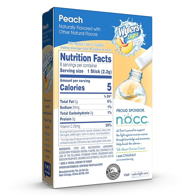 Wyler’s Light Singles-To-Go Sugar Free Drink Mix, Peach, 8 CT Per Box (Pack of 12)
