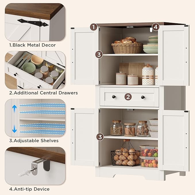 47" Tall Kitchen Pantry Storage Cabinet with Barn Doors and Shelves, White Farmhouse Linen Storage Cabinet With Drawers, Free standing Food Pantry Cabinets for Kitchen, Dining Room, Living Room