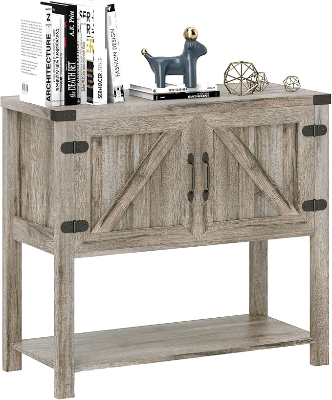 HOMCOM Farmhouse Double Door Coffee Bar Cabinet, Console Table, Sideboard Buffet Cabinet with Bottom Shelf for Entryway, Living Room, Washed-Out Gray