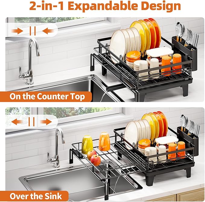Urackify Dish Drying Rack - Large Dish Racks for Kitchen Counter, Extendable Sink Dish Drainer, Rustproof Dish Strainer with Utensil Holder, 1 Tier Black