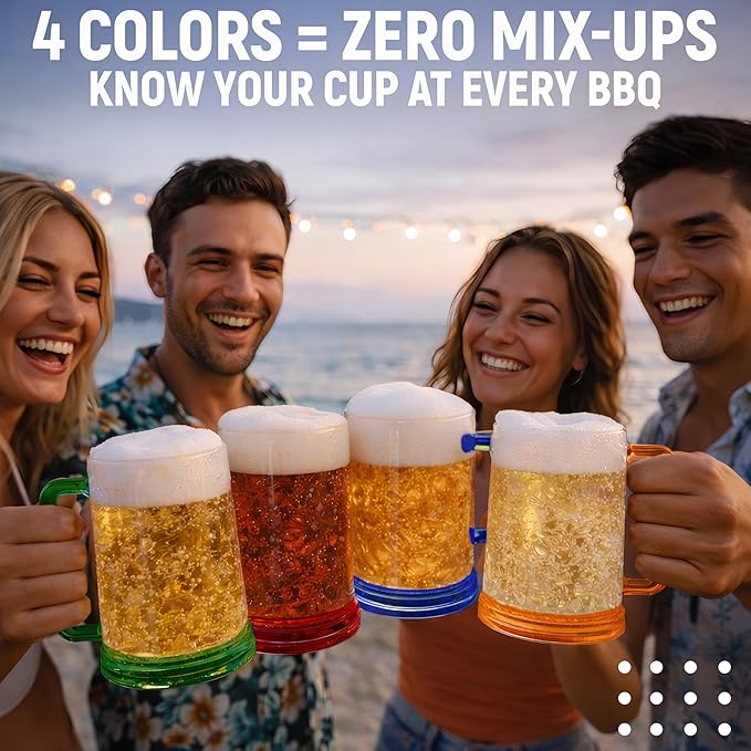 Beer Mugs for Freezer (Set of 4), 16oz Double Walled Glasses, Frozen Cooling Cups with Color-Coded Handles, Break-Resistant Acrylic Frosty Insulated Beer Mug for Dad, Men, Pool Parties & BBQ