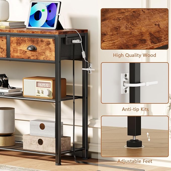 Furologee Console Table with Charging Station & 3 Fabric Drawers, 38'' Entryway Table with Storage Shelves and LED Light for Entry Way, Industrial Display Shelf for Hallway, Foyer, Rustic Brown | 3 Fabric Drawers, Storage Shelves, LED Light, Entry Way,...