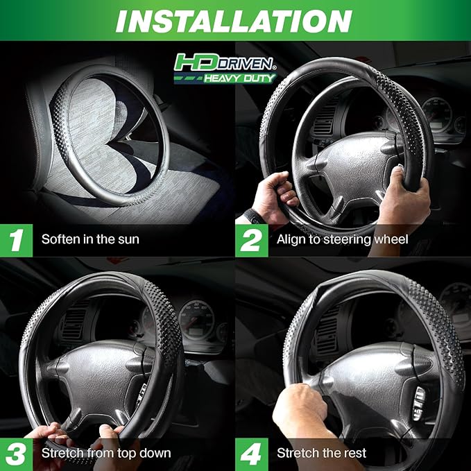 HD Driven SWC Premium Black Leather Steering Wheel Cover with Massage Grip – 18” Diameter for Semi-Trucks, Ribbed Rubber Core & High-Performance Leather, Vehicle Accessories