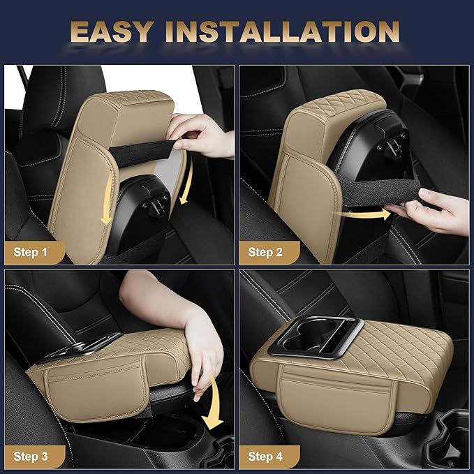 YORKNEIC Center Console Cover Fit for Model 3: Car Armrest Cover Storage Bag with 2 Cup Holders - Armrest Cover for Car Waterproof Car Armrest Pad (Beige)