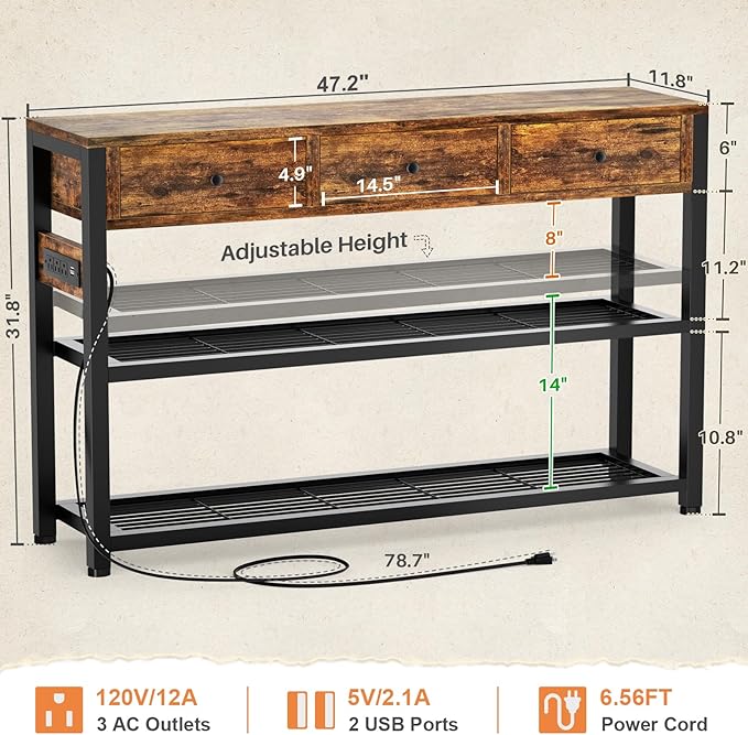Ecoprsio 47'' Entryway Table with Outlets and USB Ports, Console Table with 3 Drawers, Sofa Table Narrow Long with Storage Shelves for Living Room, Couch, Hallway, Foyer, Kitchen Counter, Rustic Brown