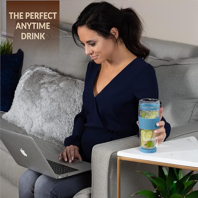 Tupkee Double Wall Glass Tumbler - 14-Ounce, All Glass Reusable Insulated Tea/Coffee Mug & Lid, Hand Blown Travel Mug - Niagara